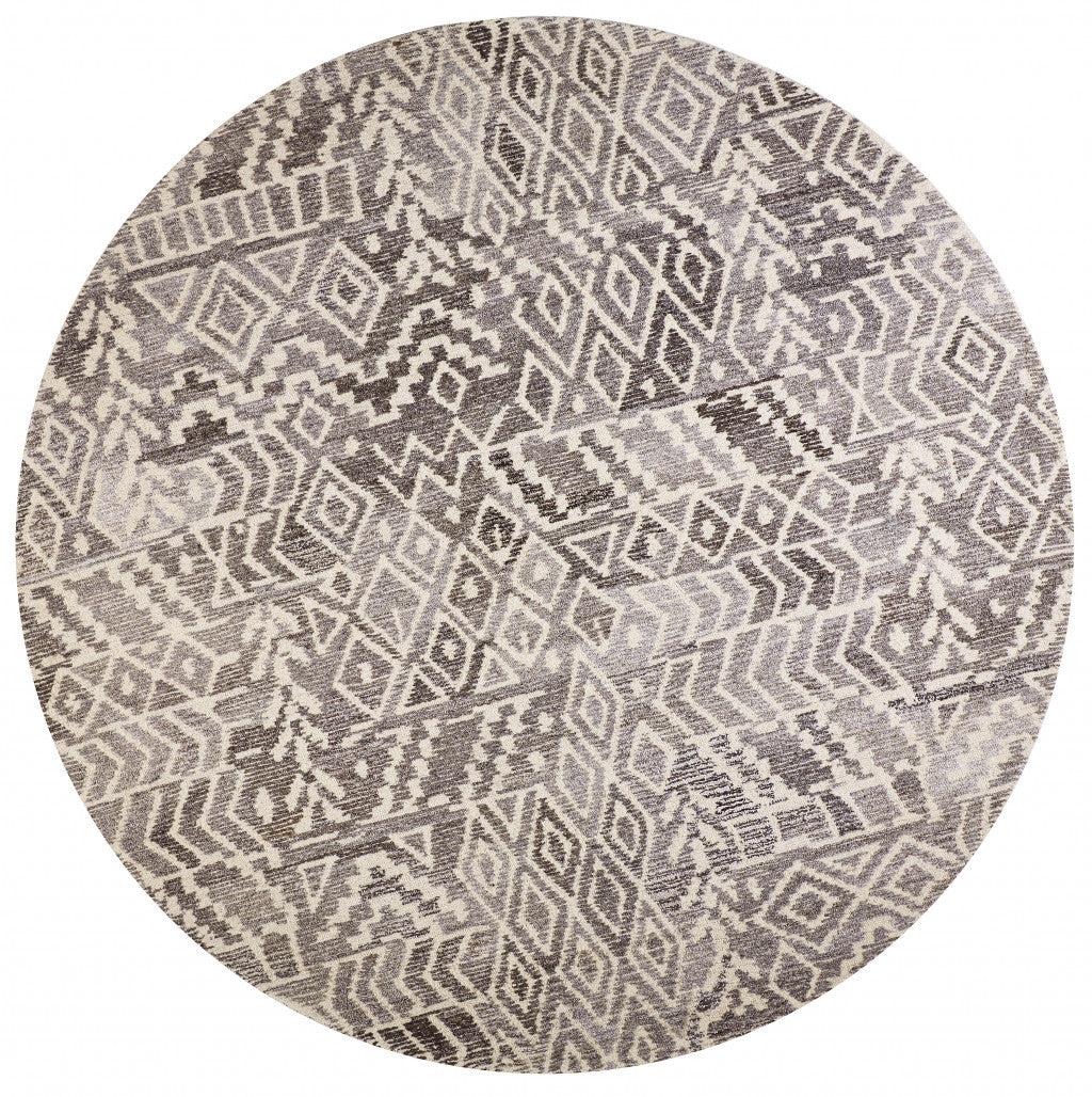 10 gray And White Round Wool Abstract Tufted Handmade Area Rug