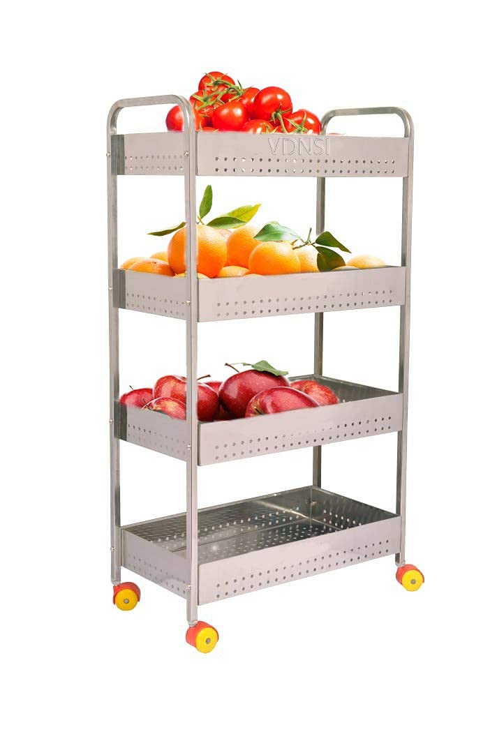 Pretox Stainless Steel 4Tier Fruits & Vegetable Onion Trolley Container Basket Organizer Organiser Holder Stand For Kitchen (Mu
