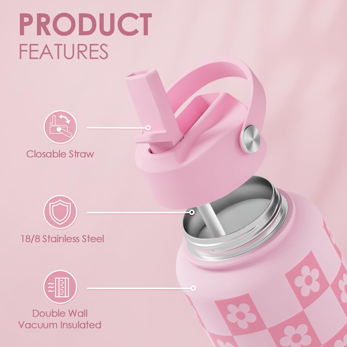 Checker Daisy Water Bottle 32oz Stainless Steel with Lid & Straw, Checkerboard Insulated Bottles Gifts for Women Girls Friends,