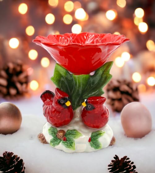Cosmos Gifts Fine Ceramic Double Red Cardinal Birds With Red Poinsettia Flower Candy Dish, 5-1/2'' H