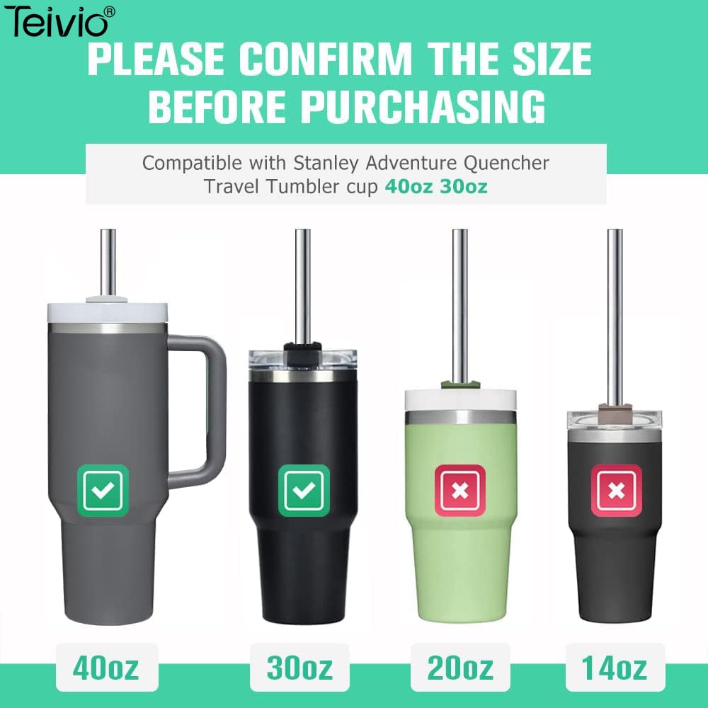 Teivio Stainless Steel Straws Set - 8 Piece 5/16 inch Reusable Metal Straws with Silicone Tips & Cleaning Brush, Silver, 12 Inch Long