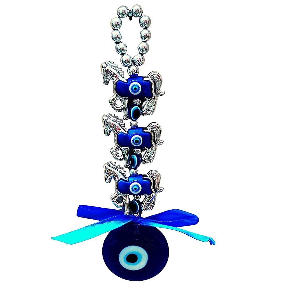Ripe India Glass Feng Shui 3 Horse Evil Eye Wall and Car Hanging (Blue 5 Cm X 5 Cm X 18 Cm
