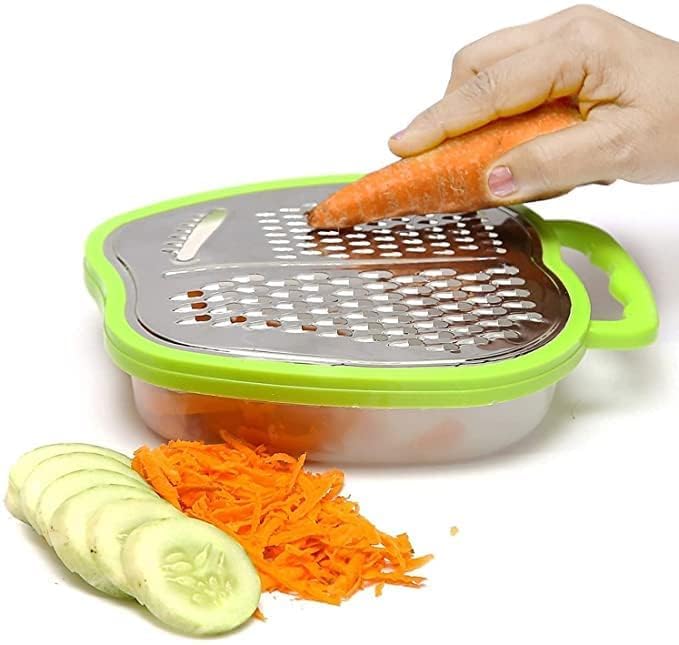 Ruseela Vegetable Grater With Pot And Lid, Food Grade Stainless Steel MultiFunctional, 3 Different Blades And Food Container Ma