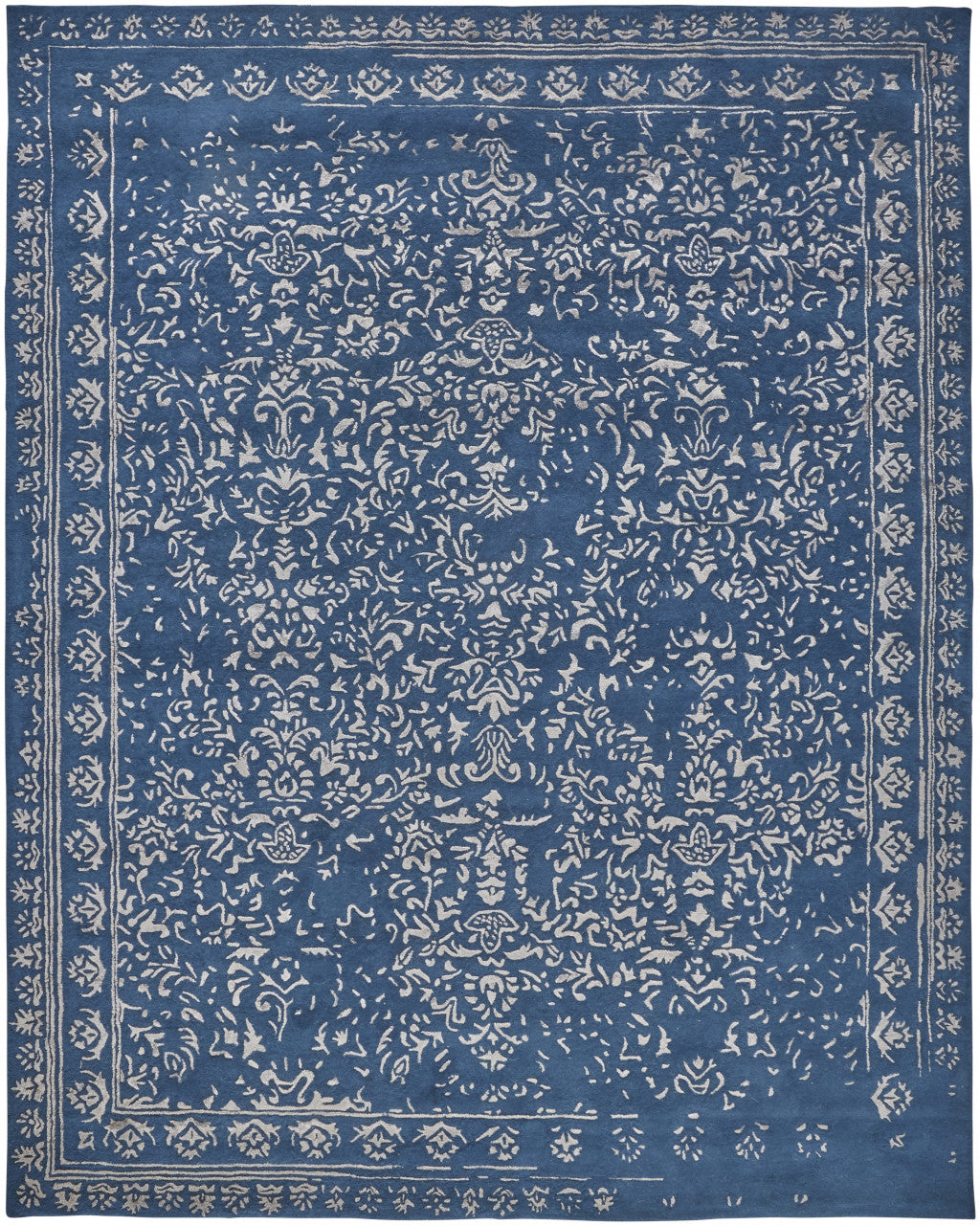 9 X 12 Blue And Silver Wool Floral Tufted Handmade Distressed Area Rug