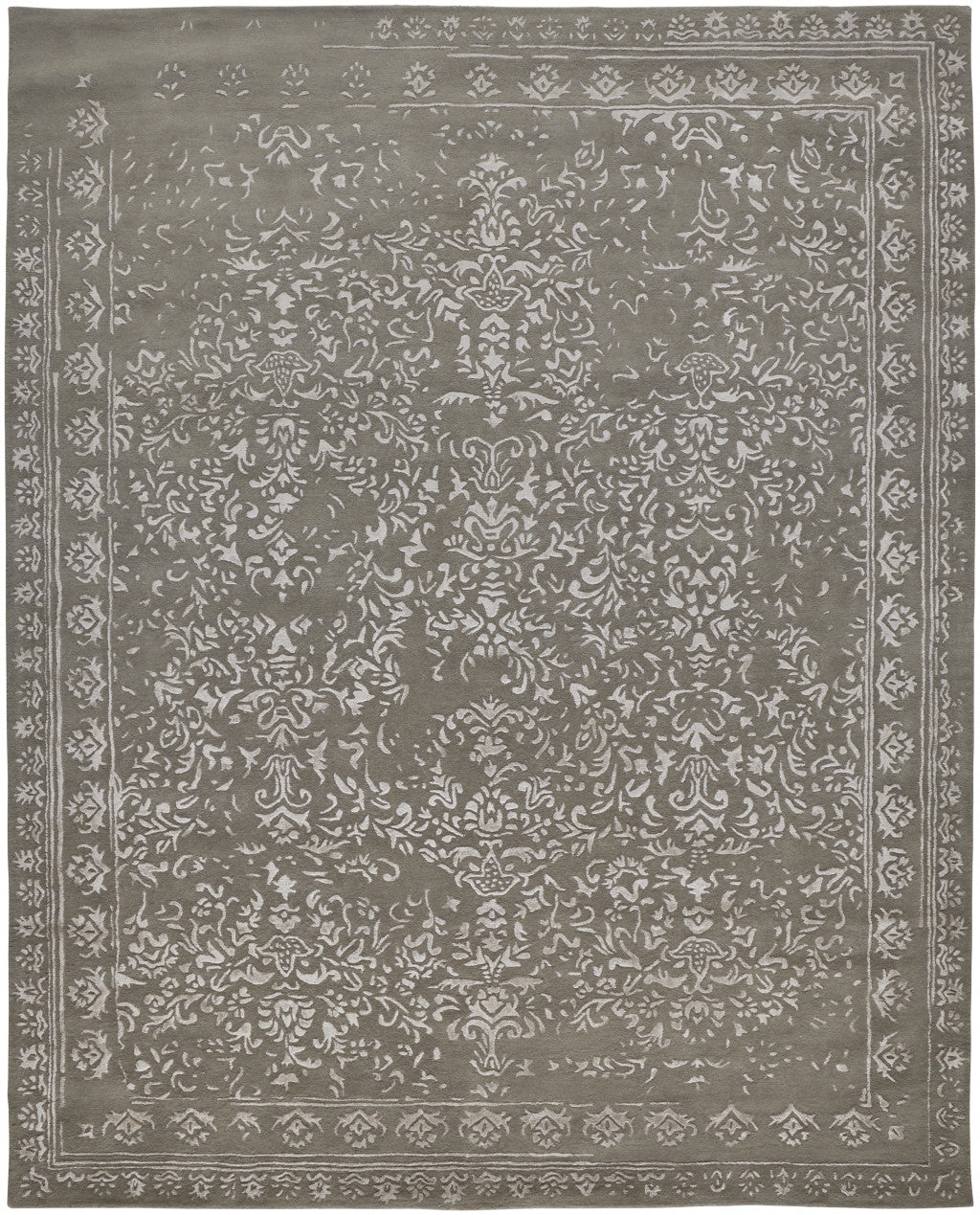 9 X 12 gray Taupe And Silver Wool Floral Tufted Handmade Distressed Area Rug