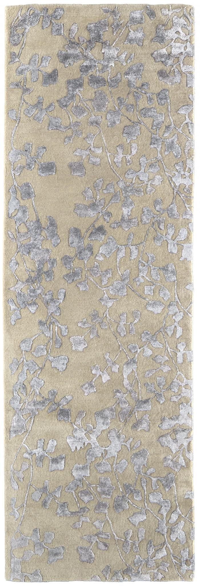 8 Tan Silver And gray Wool Floral Tufted Handmade Runner Rug