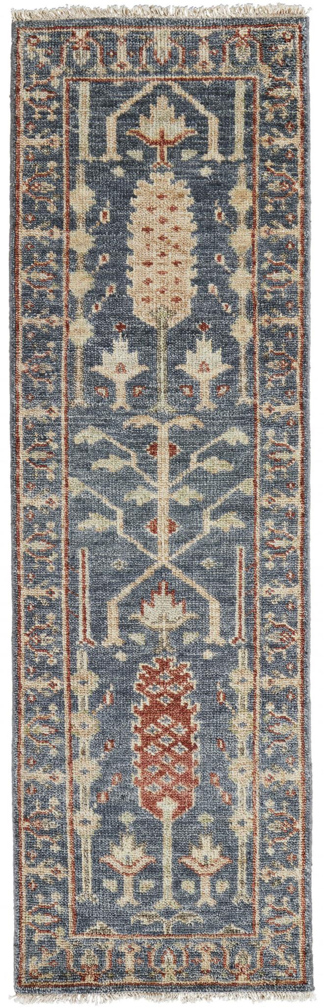 8 gray gold And Red Wool Floral Hand Knotted Stain Resistant Runner Rug With Fringe
