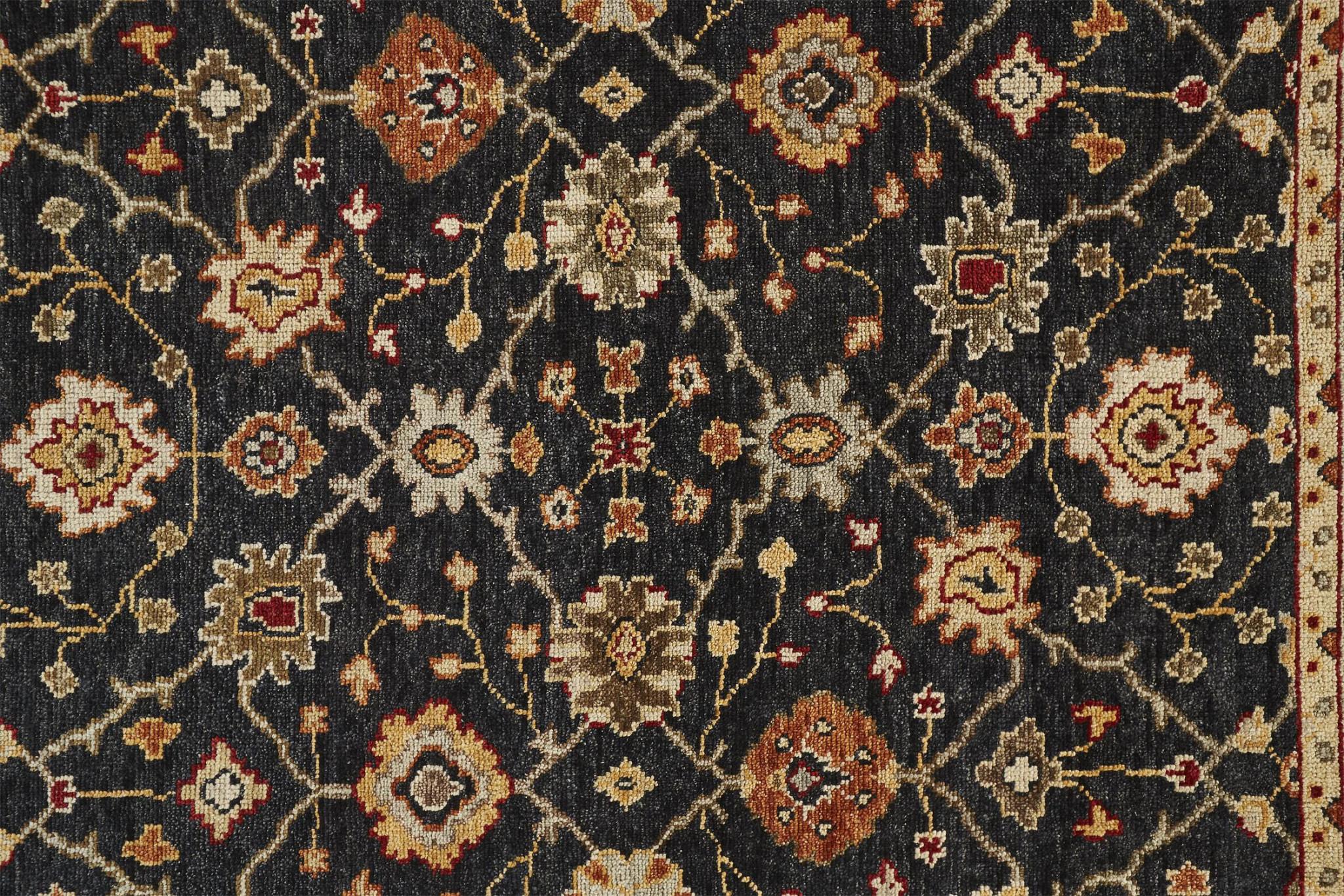 9 X 12 Black gold And gray Wool Floral Hand Knotted Stain Resistant Area Rug With Fringe