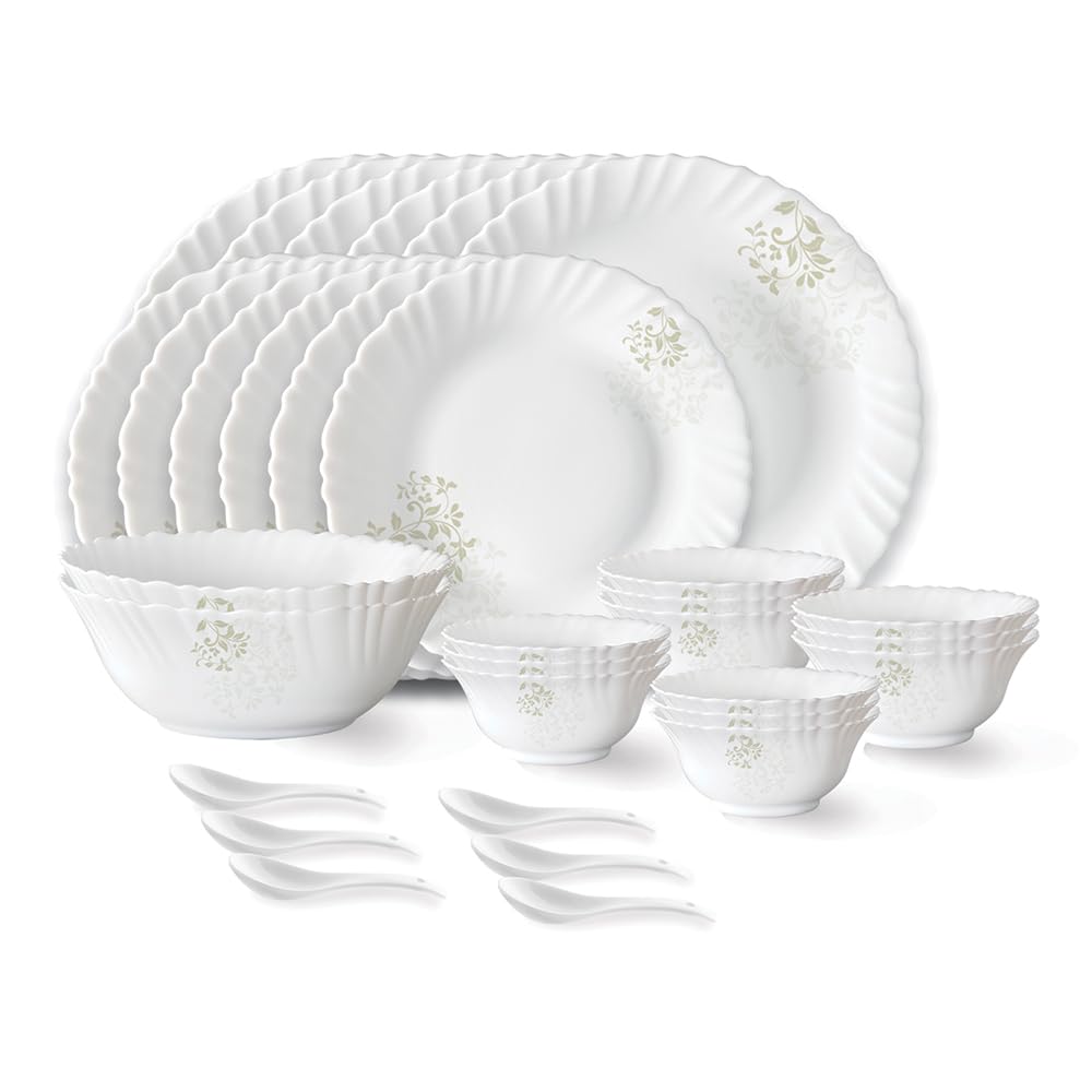 Larah By Borosil Ingot Fluted Series Opalware Dinner Set | 33 Pieces For Family Of 6 | Microwave & Dishwasher Safe | BoneAsh Fr