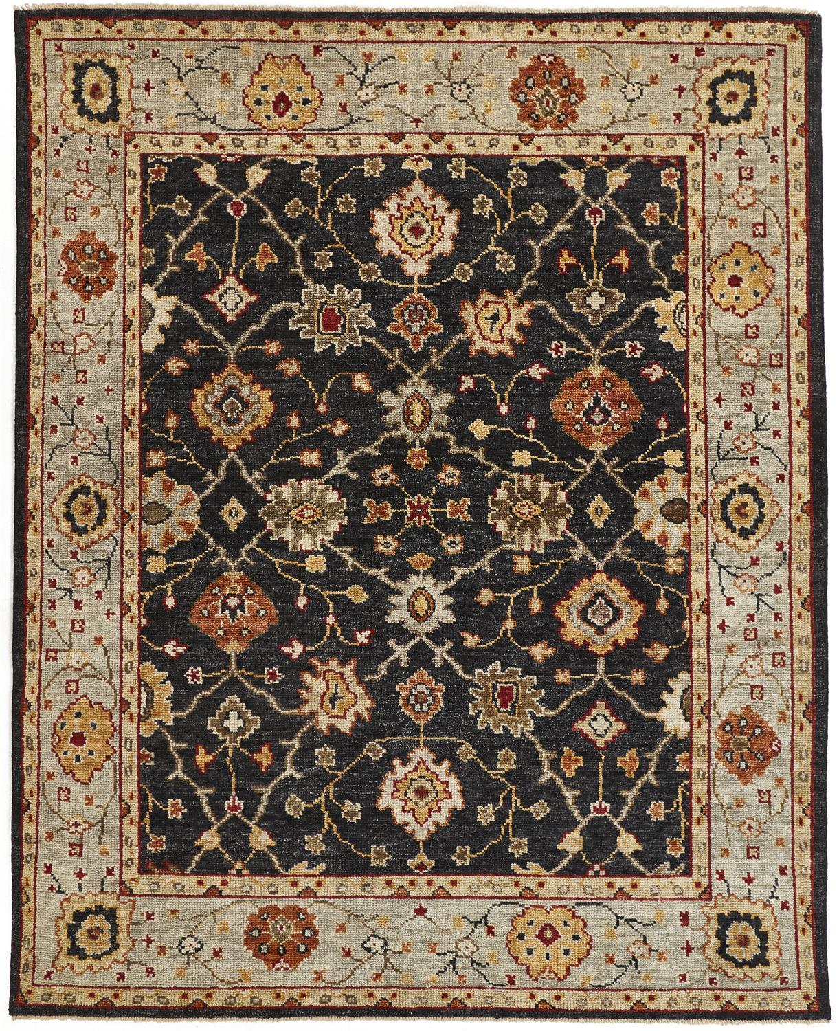 10 X 13 Black gold And gray Wool Floral Hand Knotted Stain Resistant Area Rug With Fringe