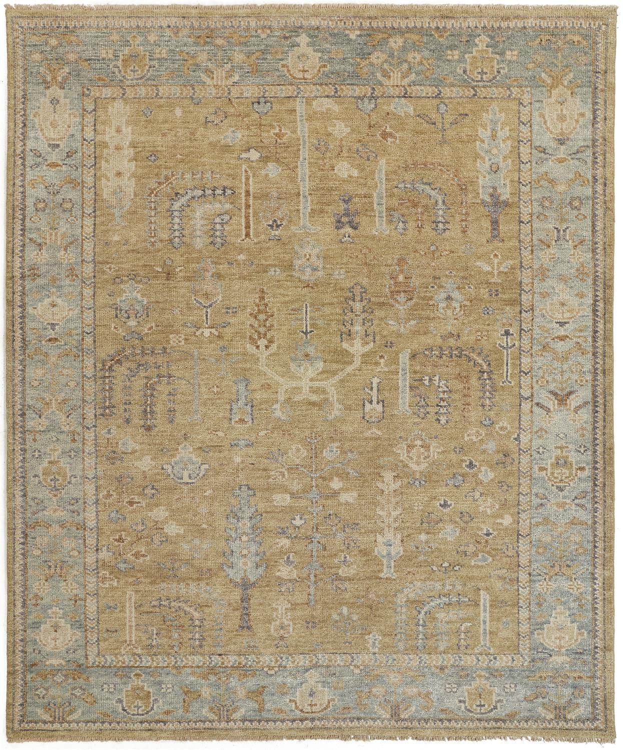 4 X 6 gold Blue And gray Wool Floral Hand Knotted Stain Resistant Area Rug With Fringe