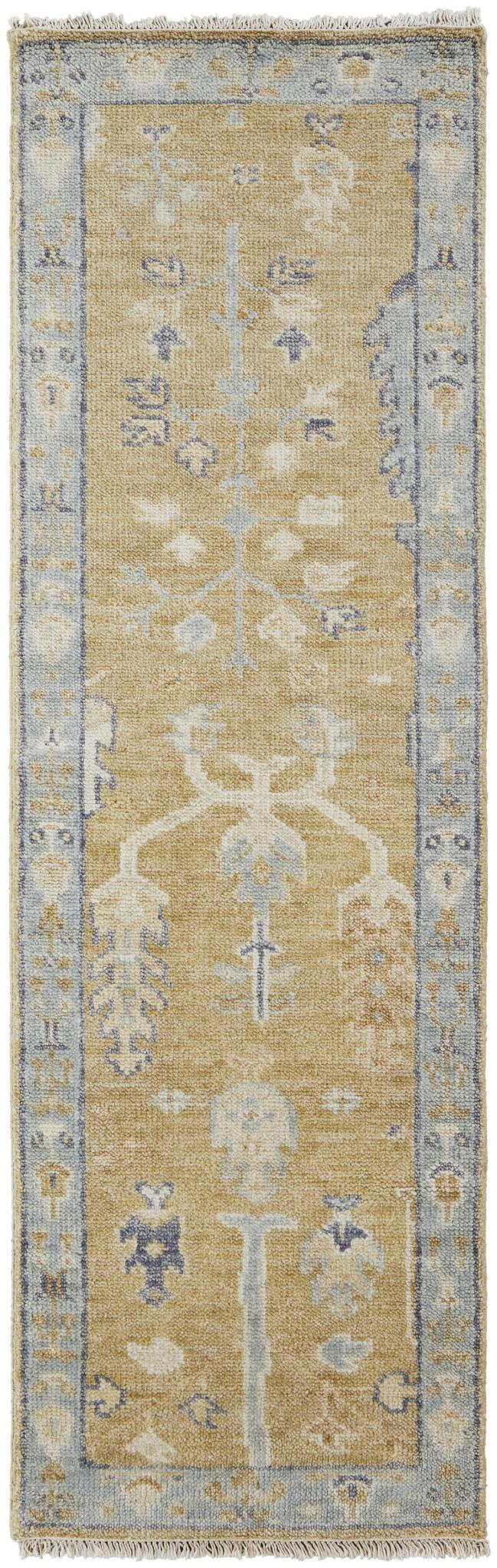 8 gold Blue And gray Wool Floral Hand Knotted Stain Resistant Runner Rug With Fringe