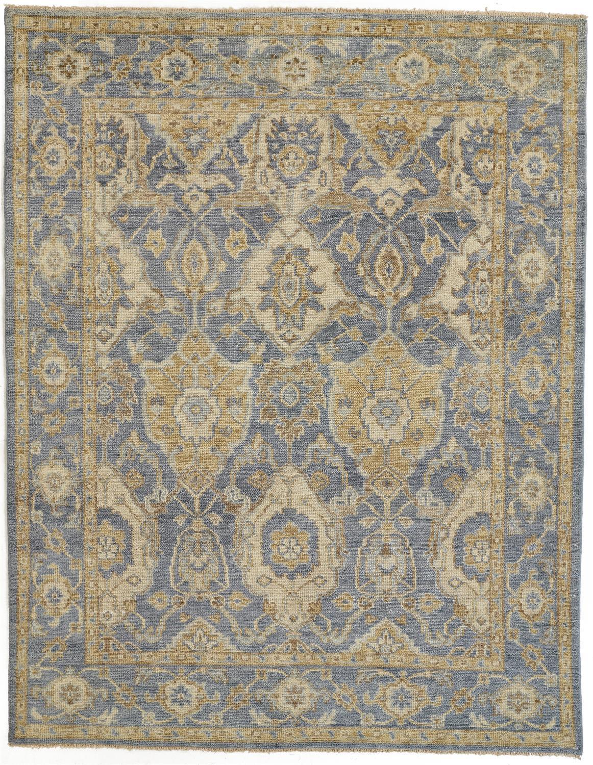 5 X 8 Blue gold And Tan Wool Floral Hand Knotted Stain Resistant Area Rug With Fringe
