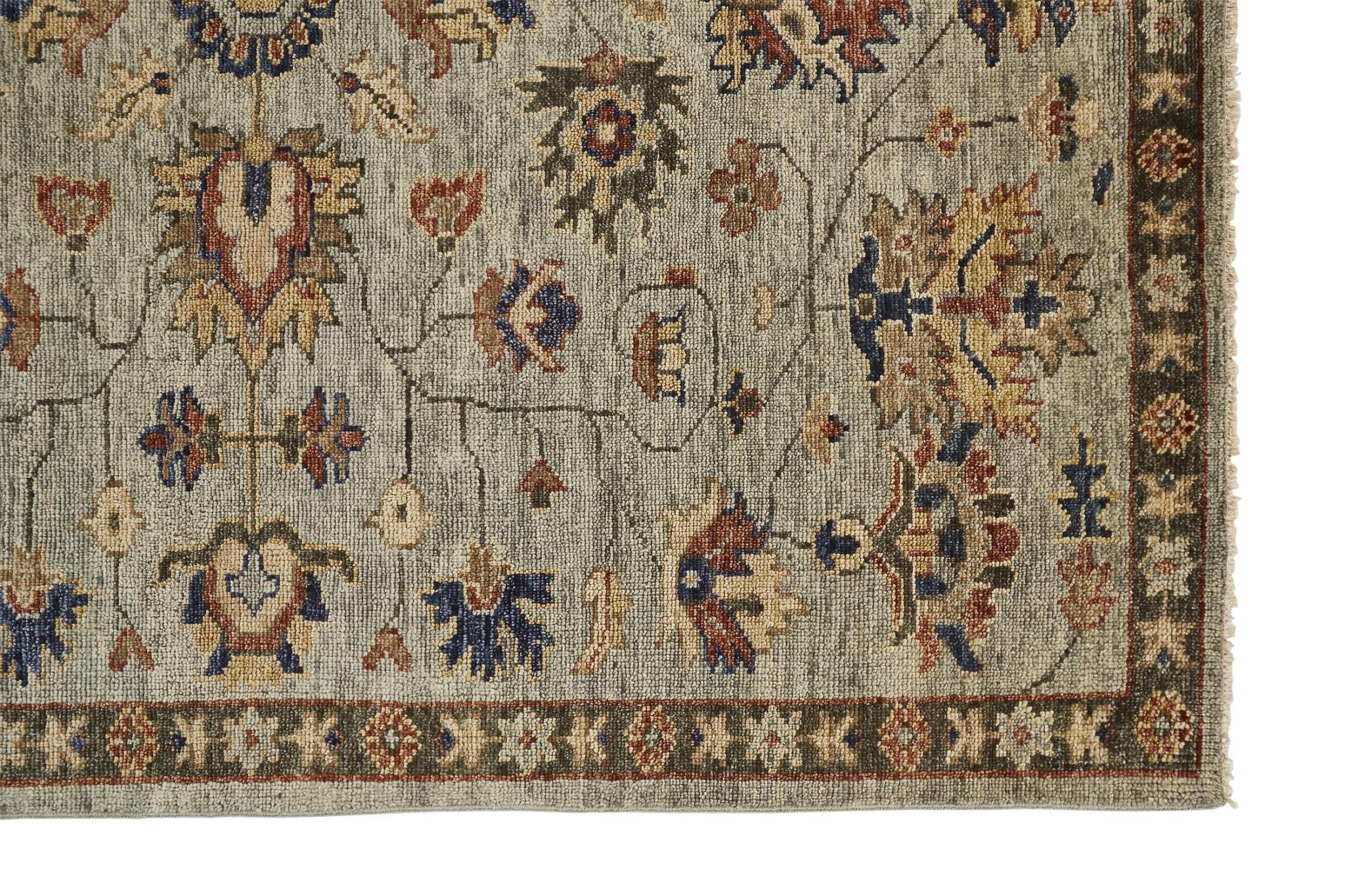 12 X 15 gray gold And Red Wool Floral Hand Knotted Stain Resistant Area Rug With Fringe