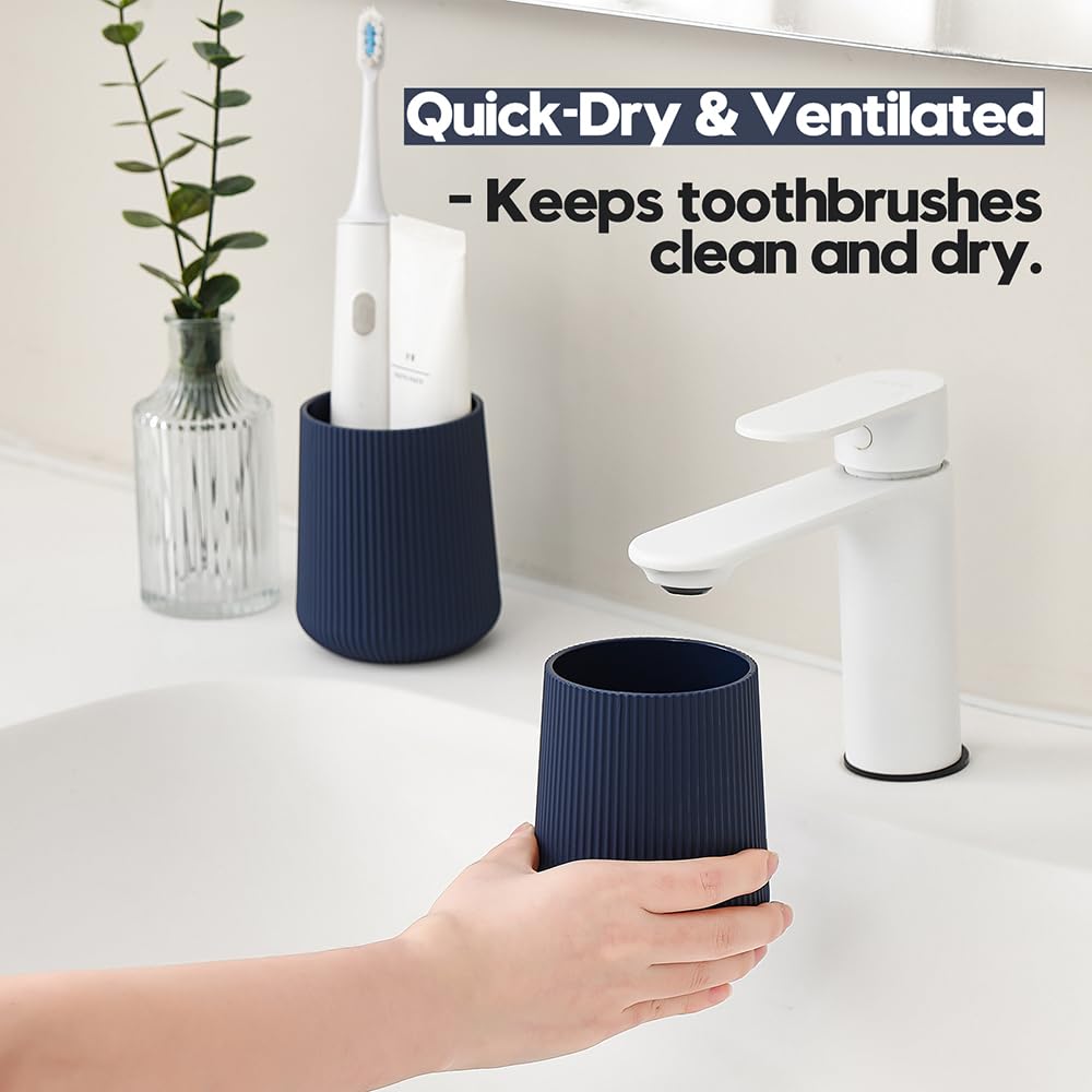 YAUKPH Navy Blue Striped Toothbrush Holder for Electric Toothbrushes Bathroom Organizer for Toothpaste Kids & Adults