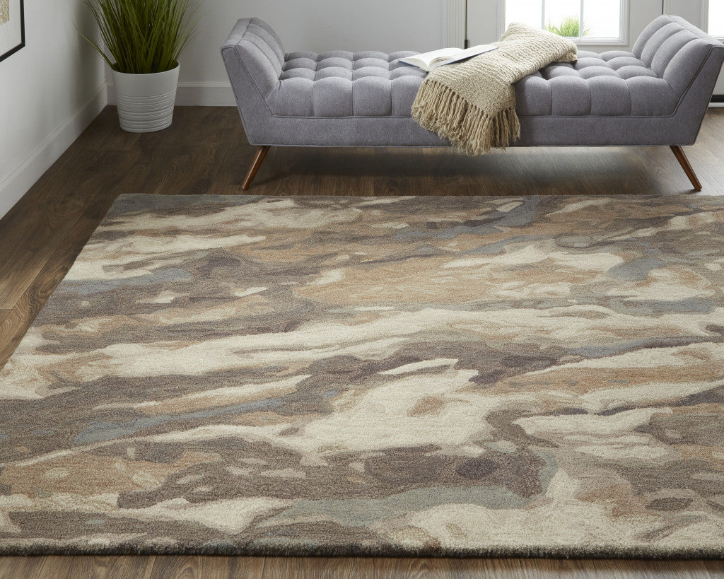 9 X 12 Brown gray And Tan Wool Abstract Tufted Handmade Stain Resistant Area Rug