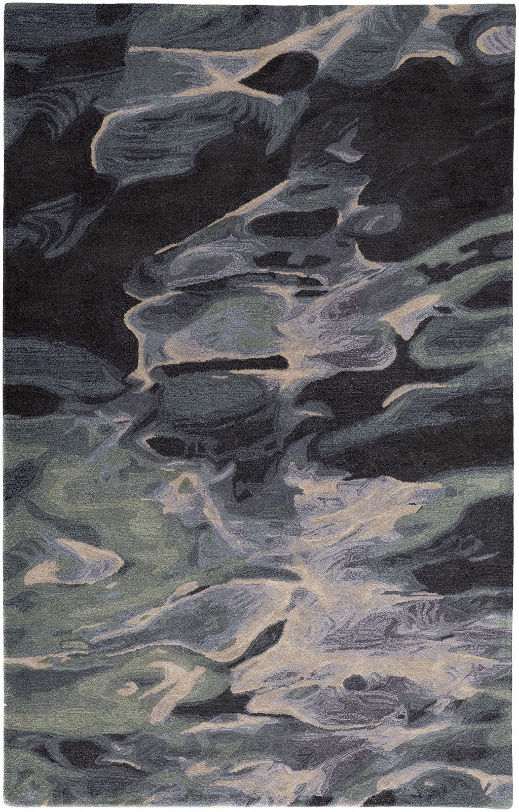 8 X 10 green Blue And Black Wool Abstract Tufted Handmade Stain Resistant Area Rug