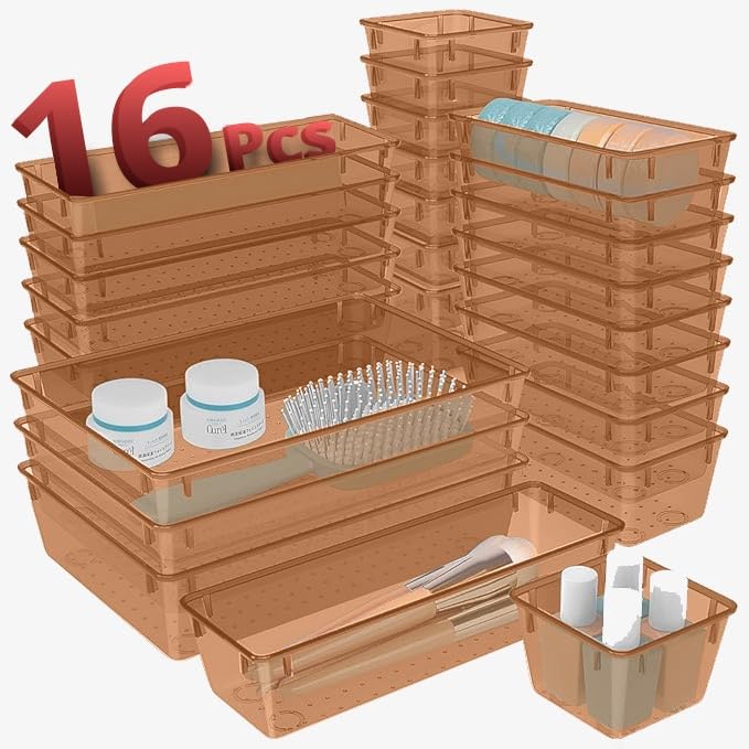 Livingbasics 16 Pcs Unbreakable Drawer Organizer/Drawers Organisers/Make Up Organiser/Drawer Divider Tray/Makeup Dresser Tray/Dr