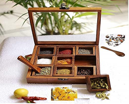 Sge Shopping Wooden Table Top Masala Dabba Containers Jars Cum Kitchen Spice Box Transparent Glass Top, Multipurpose Storage Box