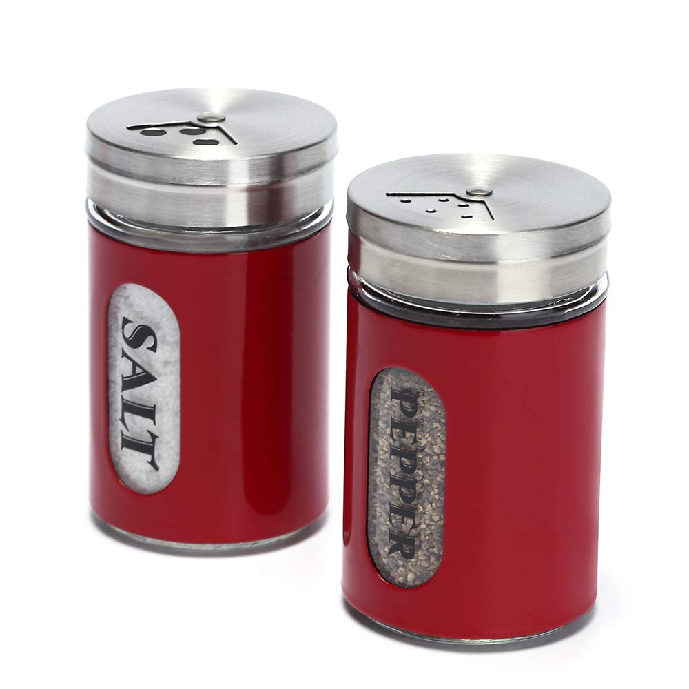 Salt And Pepper Shakers Stainless Steel And Glass Set With Adjustable Pour Holes (Red)