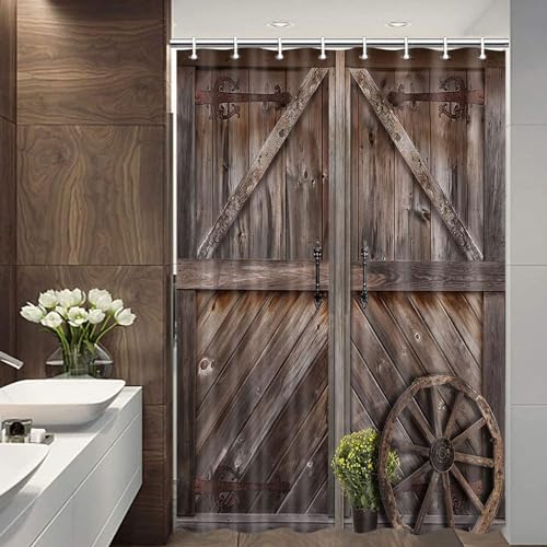 Brown Wooden Barn Door Shower Curtain,Rustic Small Woodland Farmhouse Bath Curtain Sets For Camper, Vintage Countryside Rv Showe