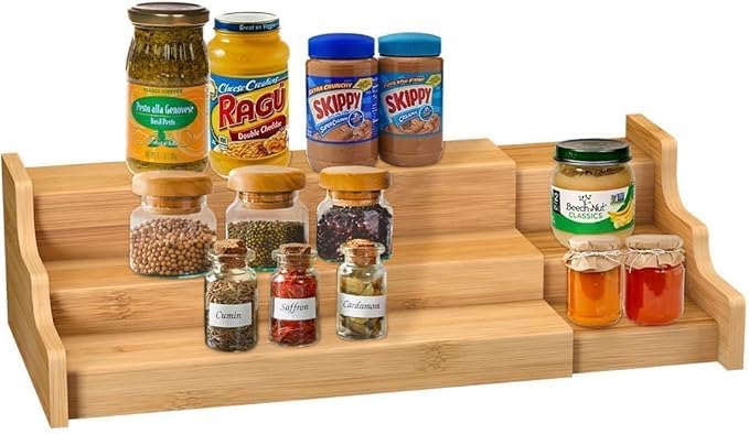Delavala Spice Rack Kitchen Cabinet Organiser, 3 Tier Bamboo Expandable Spice Storage Rack, Wooden Display Step Shelf For Cabine
