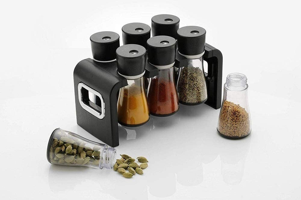 Sangoz Round Shape Spice Rack  6 Pcs Transparent Jar Container With Stand, Multipurpose Bottles And Masala Container For Kitche