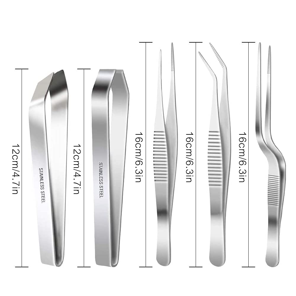 SelfTek Stainless Steel Fish Bone Tweezers Set, 5-Pack, Precision Tongs with Serrated Tips for Cooking and Styling Sea Food, Silver