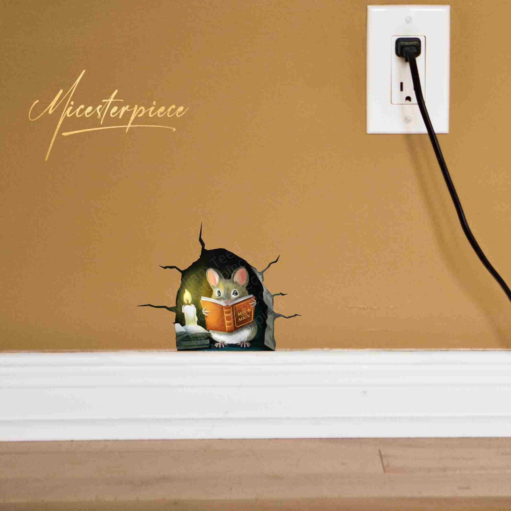 3D Mouse Reading Book In Mouse Hole, Cracked Wall, Decal Sticker, Removable Wall Decor, Book Lover Gift Idea, Baseboard, Wall St
