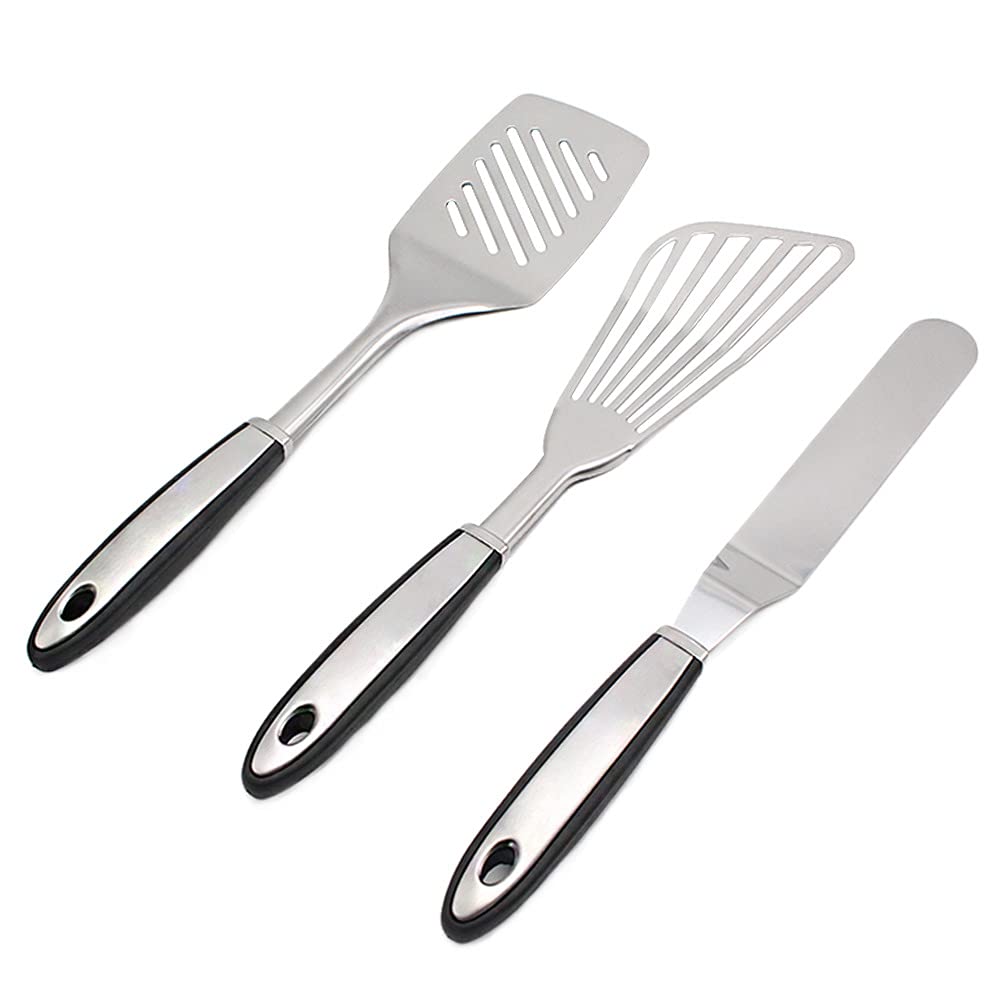 Stainless Steel Spatula Turner Set (Set Of 3) - Includes Kitchen Fish Spatula, Cooking Slotted Turner, Metal Icing Spatula, Prem