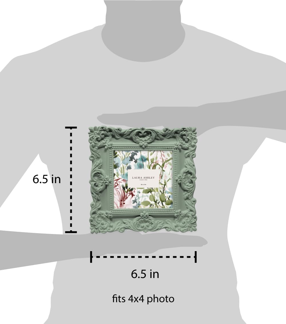 Laura Ashley 4x4 Matt Rosemary Ornate Textured Hand-Crafted Resin Picture Frame with Easel, for Tabletop & Wall Display, Decorat