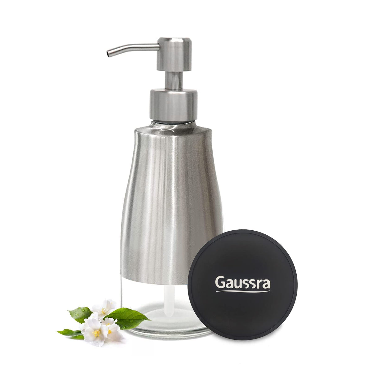 Gaussra Soap Dispenser With Coaster And Stickers, Brushed Nickel Stainless Steel Case Glass Liner Hand Pump Dispenser, Refillabl