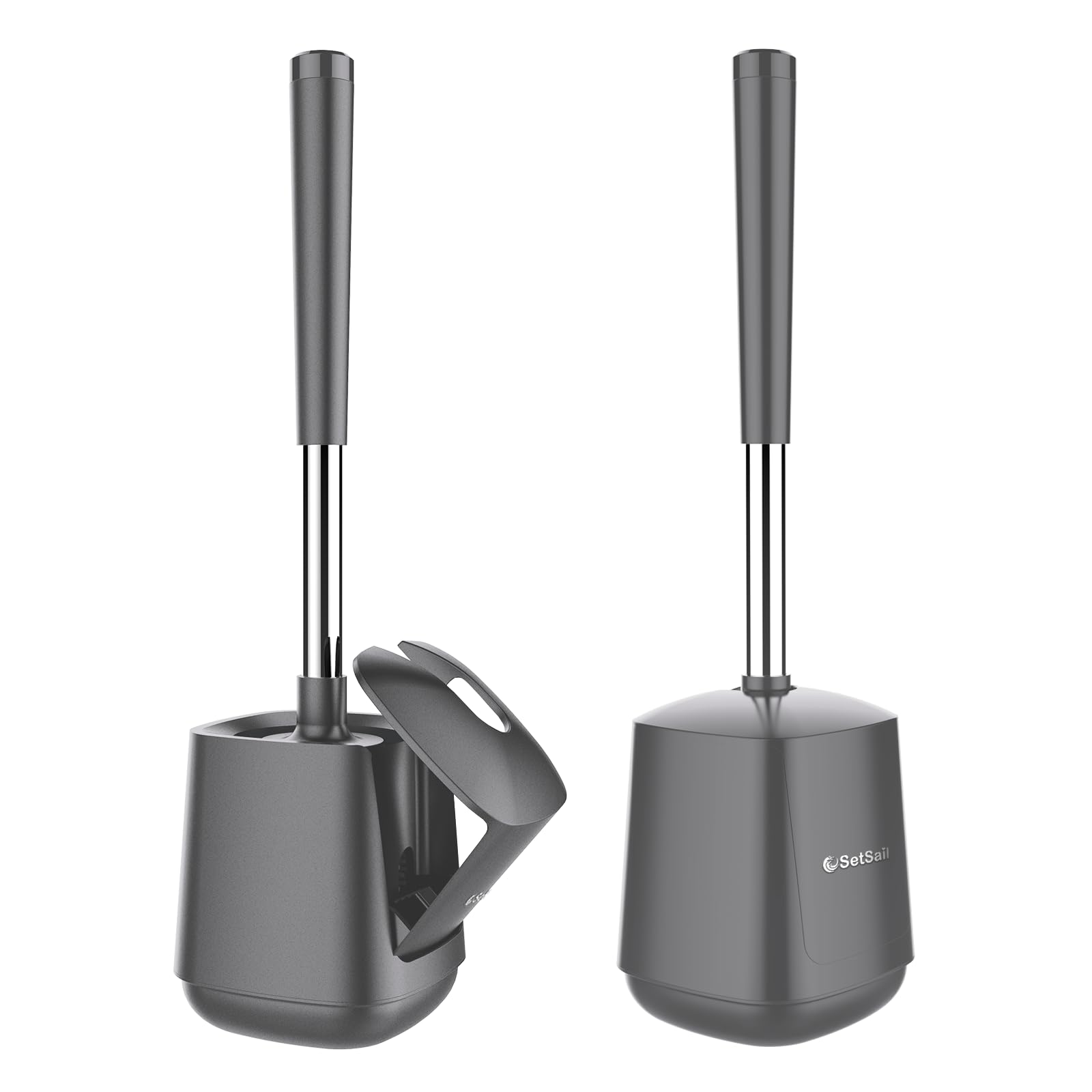 SetSail Toilet Brush and Holder 2 Pack, Self Closing Lid Toilet Bowl Brushes Holder and Extra Long Handle Ventilated Toilet Brus