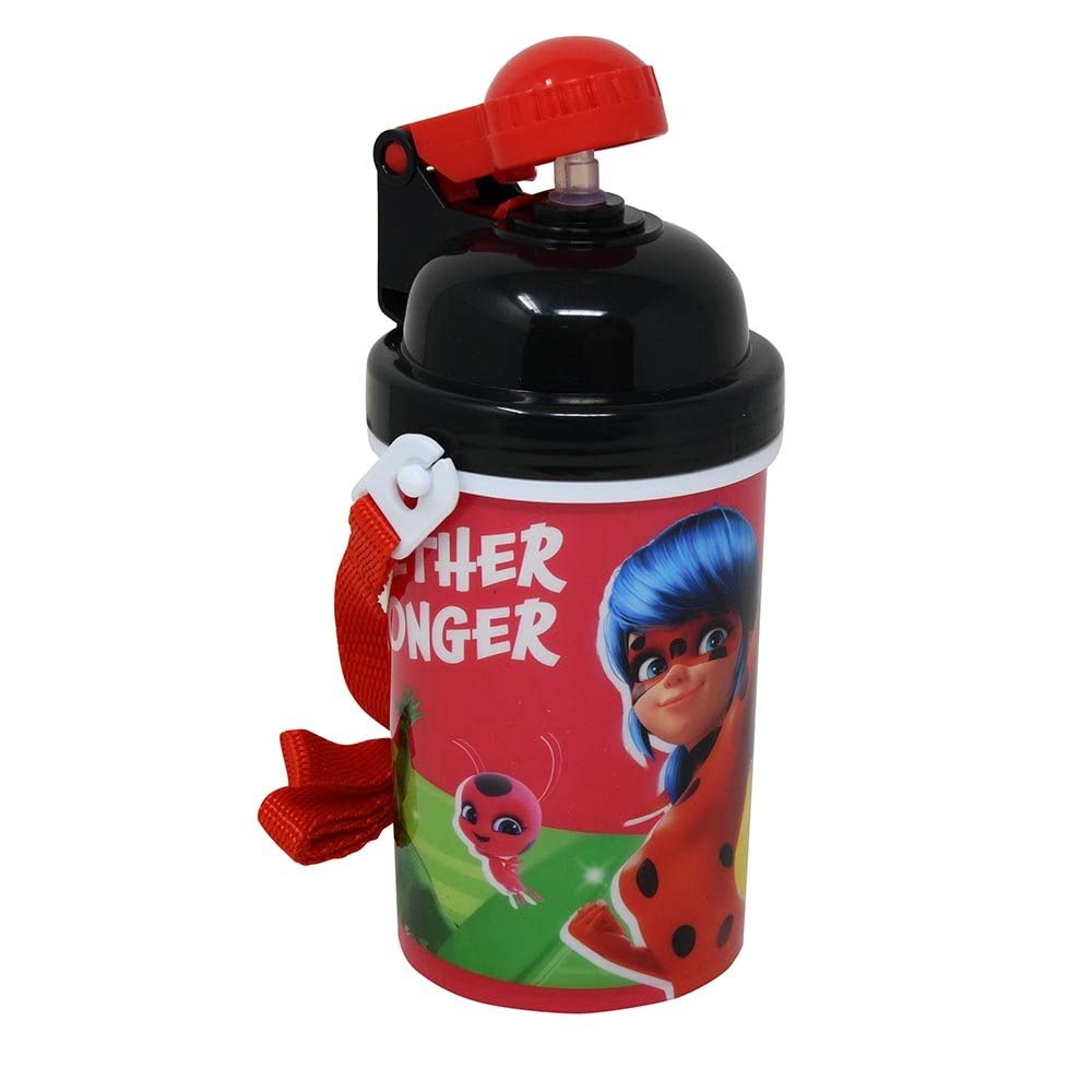 Zak Designs Miraculous Ladybug Carrying Strap One Touch Water Bottles with Reusable Built in Straw - Safe Approved BPA Free, Eas
