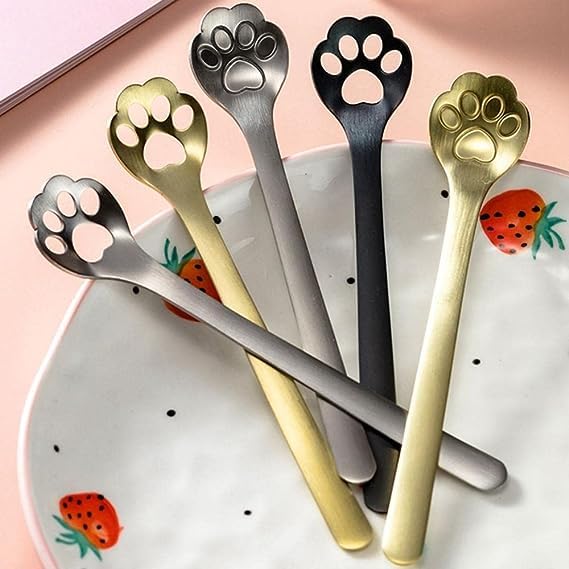 Hollow Cat Paw Silver Stainless Steel Coffee Spoons, Cat Paw Teaspoons Hollow Stirring Spoons, Mixing Spoons Dessert Spoons Kitc