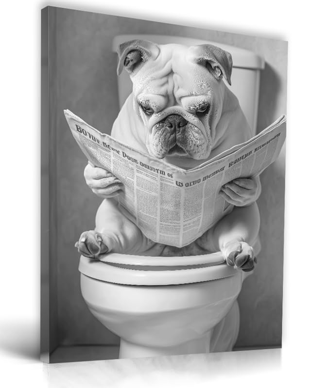 Upwoigh Bathroom Wall Art, Black And White French Bulldog Dog Reading The Newspaper Wall Docer, Wood Framed Canvas Wall Art Anim