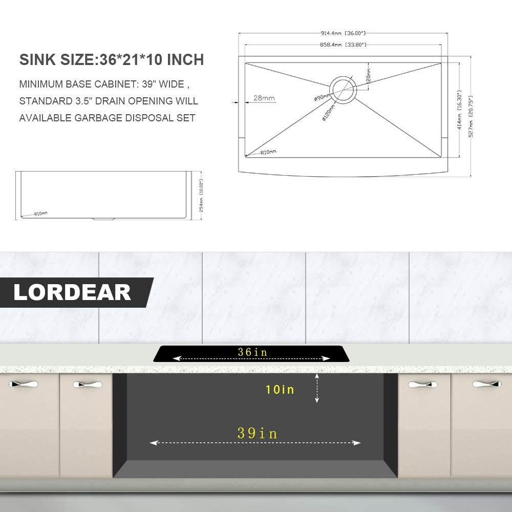 Lordear Gold Farmhouse Sink 36 Inch Kitchen Sink Apron Front 16 Gauge Matte Gold Stainless Steel Deep Single Bowl Farm Sinks Bas