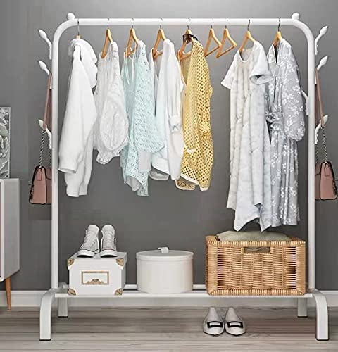 Lukzer Metal Single Garment Stand With Bottom Shelves Clothes Storage Organizer 4 Hooks Coat Rack (White, 40 X 110 X 148 Cm/Mgs-