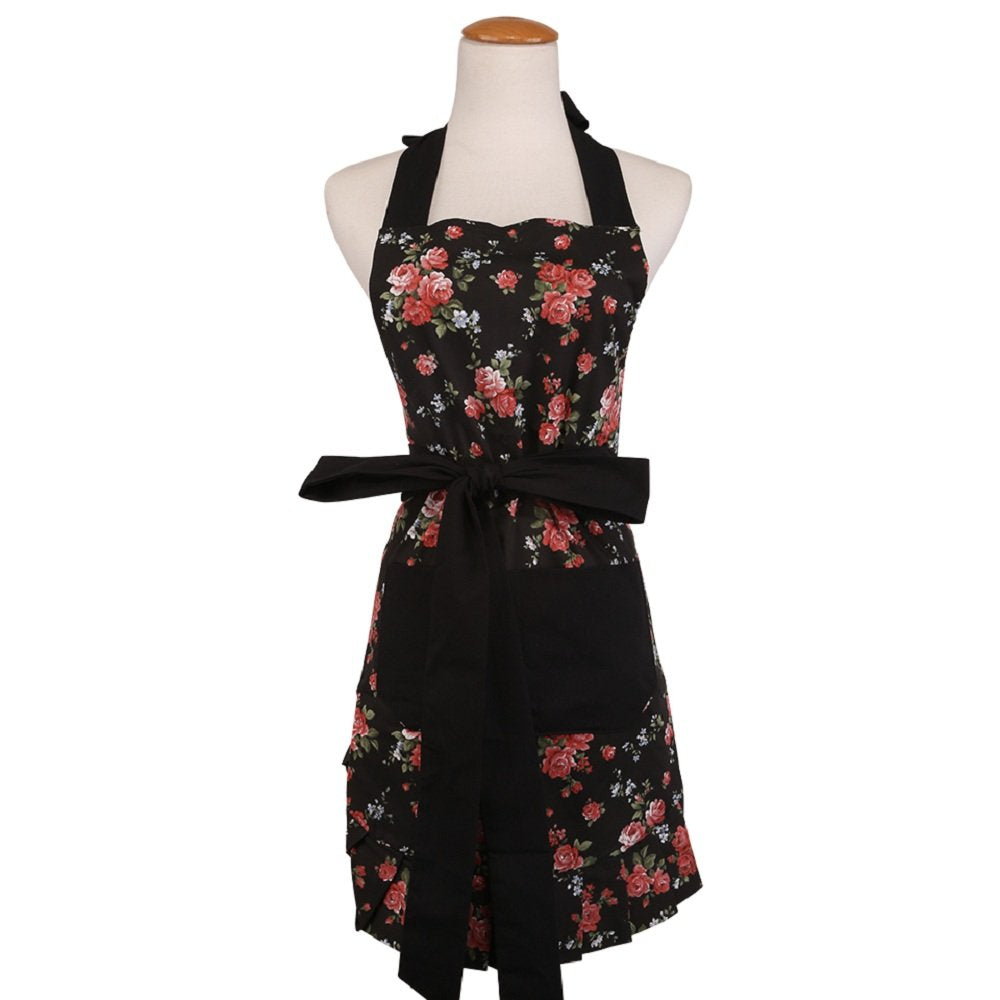 Womens Cotton Floral Apron with Pockets, Adjustable Long Ties for Kitchen Cooking, Baking and Gardening,28x20inch