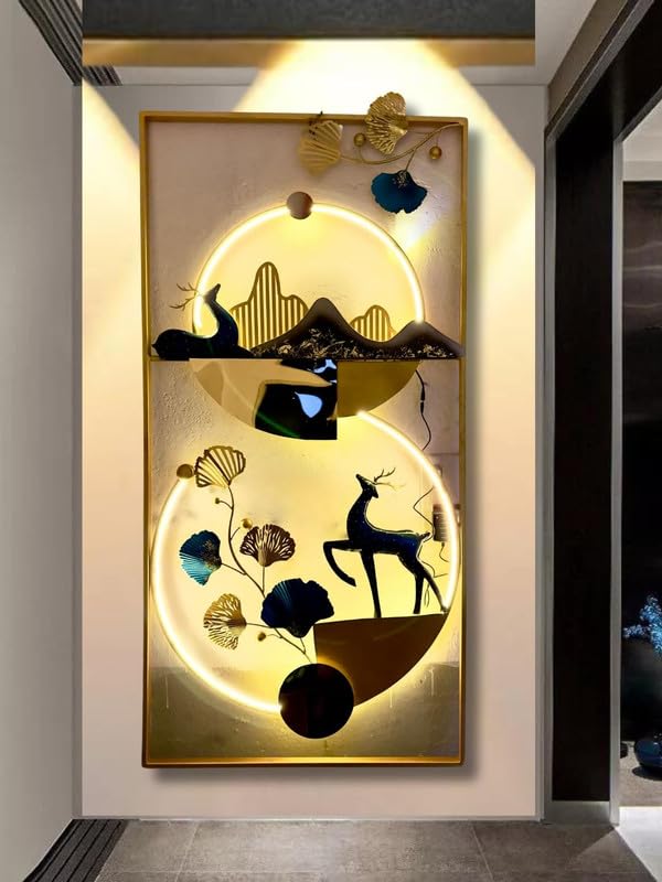 Rsn Big Metal Wall Decor,3D Handmade Deer With Zinko Leaves Iron Wall Art Decor, Large Modern Deer Home Metal Wall Hangings, Liv