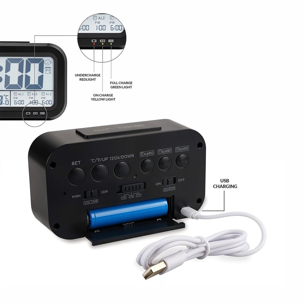 Bulfyss USB Rechargeable Digital Alarm Clock, Date, Temperature, Backlight LCD Display Smart Clock with 3 Alarms Bedroom Table D