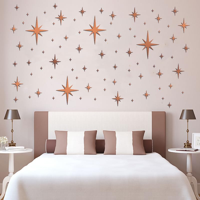 Naiveferry 1 Sheet 82Pcs Acrylic Mirror Star Wall Stickers, Rose Gold Star Pattern Wall Decals Easy To Peel, Self-Adhesive Water