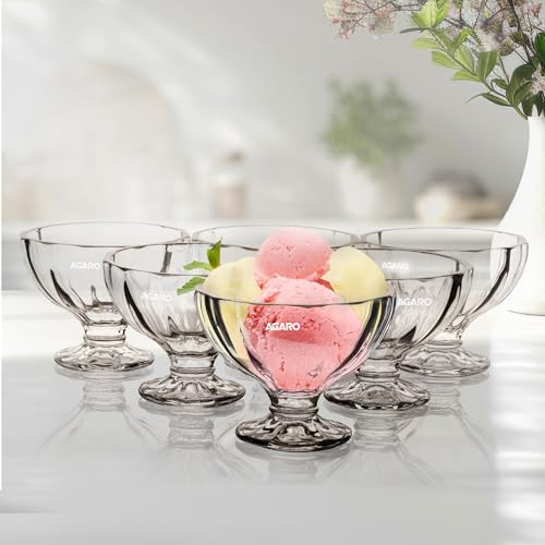 Agaro Glass Elegant Ice Cream Bowl 140Ml Set Of 6, Ice Cream Bowl, Dessert Cup For Sundae, Sweets, Snacks, Fruit, Pudding, Nuts 