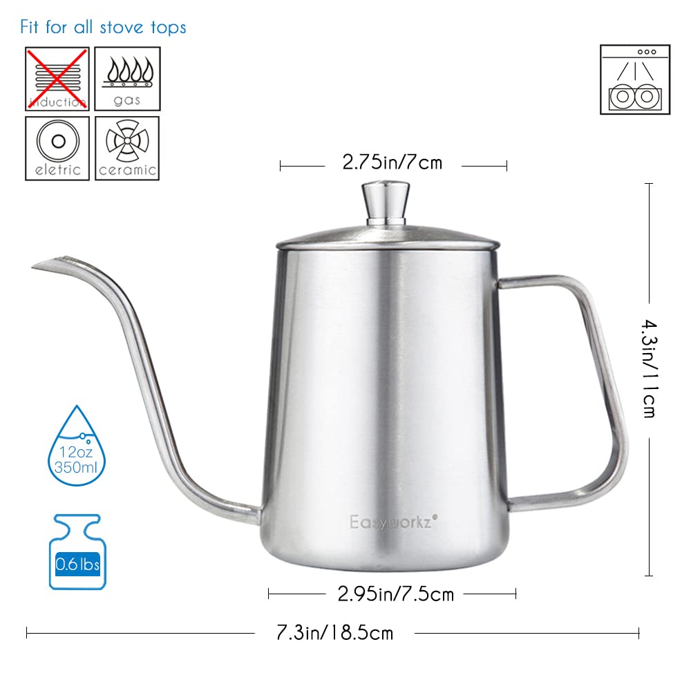 Easyworkz Gage Gooseneck Pour Over Coffee Kettle 12 Oz Stainless Steel Hand Drip Long Narrow Spout, Silver