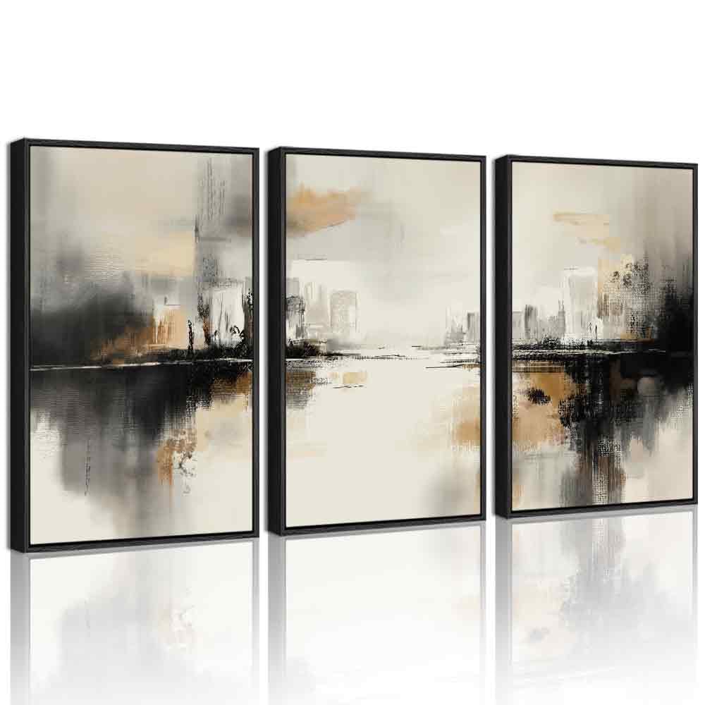 Phopago Black Gray Abstract Landscape Framed Wall Art 16X24In Brown Tan Neutral Wall Decor Minimalist Modern Prints Home Decor -