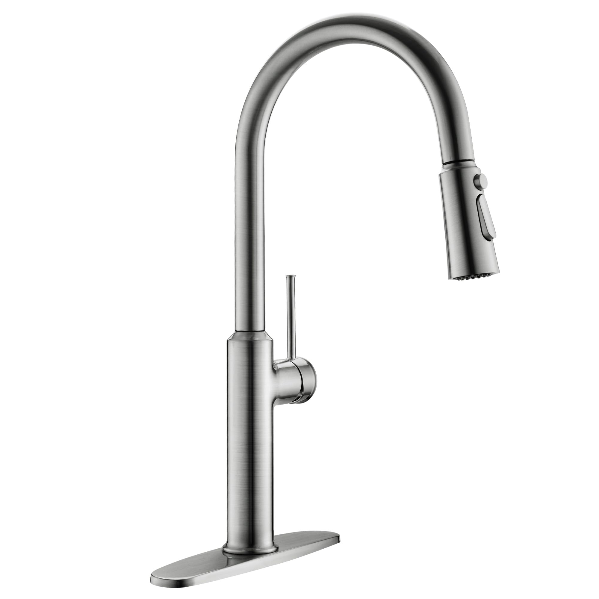 Lavatrum Kitchen Sink Faucets Brushed Nickel, High Arc Single Handle Kitchen Faucet With Pull Down Sprayer, Solid Brass Kitchen