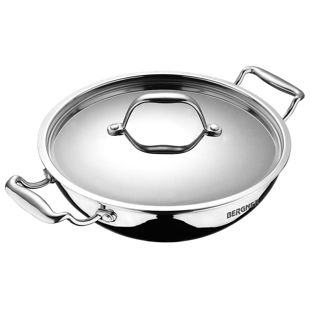 Bergner Argent Triply Stainless Steel 20 Cm Kadai With Stainless Steel Lid, 1.5 L Small Kadhai With Lid, Food Safe, Stay Cool Ca