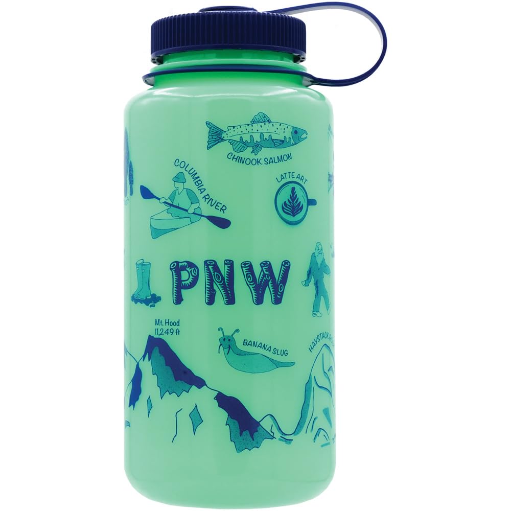 Nalgene 32 oz Wide Mouth Water Bottle | BPA-Free, Durable & Leak Proof- Geographical Bottle Design, Pacific Northwest Glow Green
