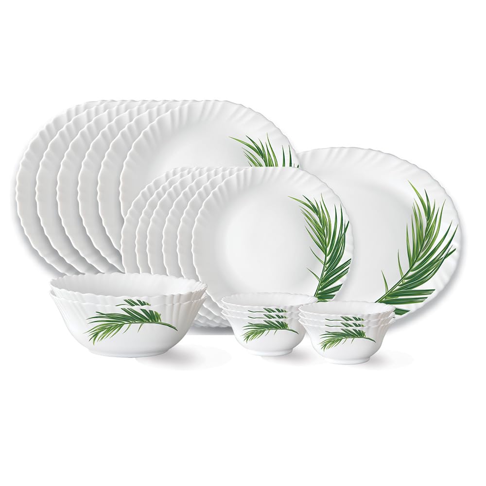 Larah By Borosil Crescent Fluted Series Opalware Dinner Set | 21 Pieces For Family Of 6 | Microwave & Dishwasher Safe | BoneAsh
