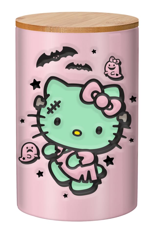 Silver Buffalo Sanrio Hello Kitty Halloween Spooky Frankenstein Frankenkitty Ceramic Cookie Snack Candy Jar With Airtight Bamboo
